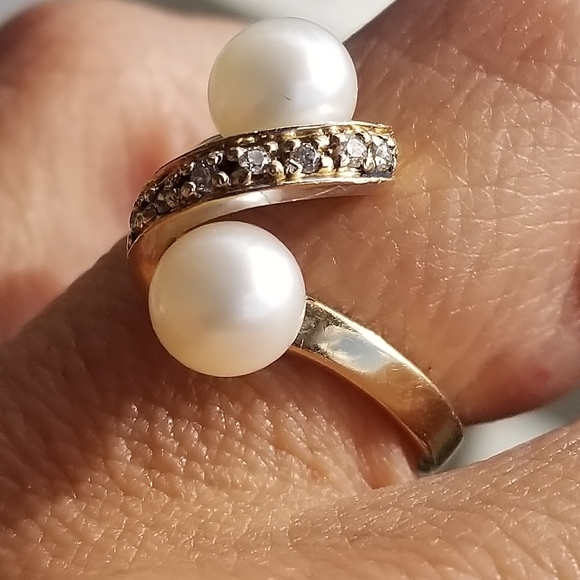 Sale! Vintage 14k toi moi Pearls & diamonds bypass gold ring - Picture 8 of 11